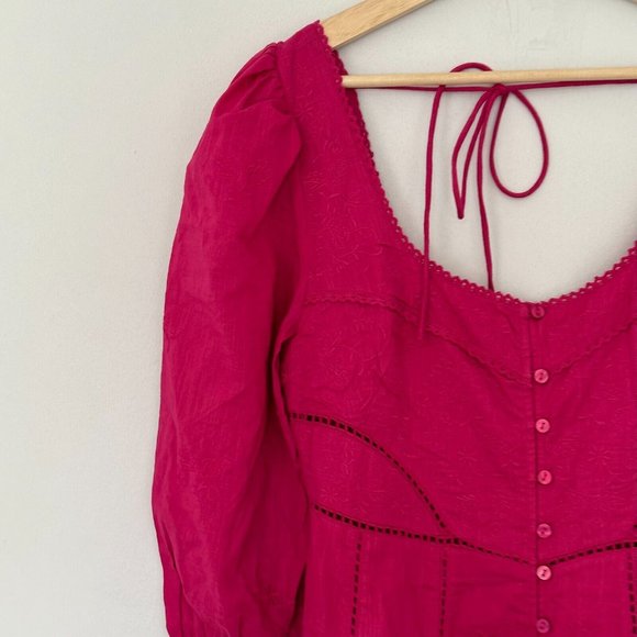 Free People Lisa Embroidered Lace Midi Dress Size S Pink Puff Sleeves Boho BNWT - Picture 7 of 16